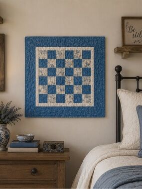 Handmade Blue White Quilted Wall Hanging Patchwork Decor 23” x 23”